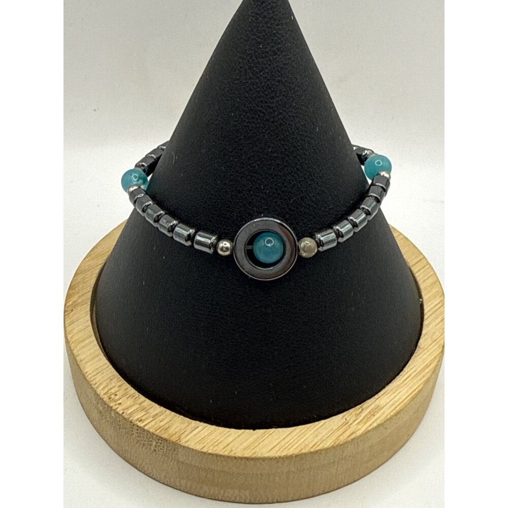 Hematite Barrel Bead Bracelet Single Blue Cat's Eye Charm Bead Unisex Boho